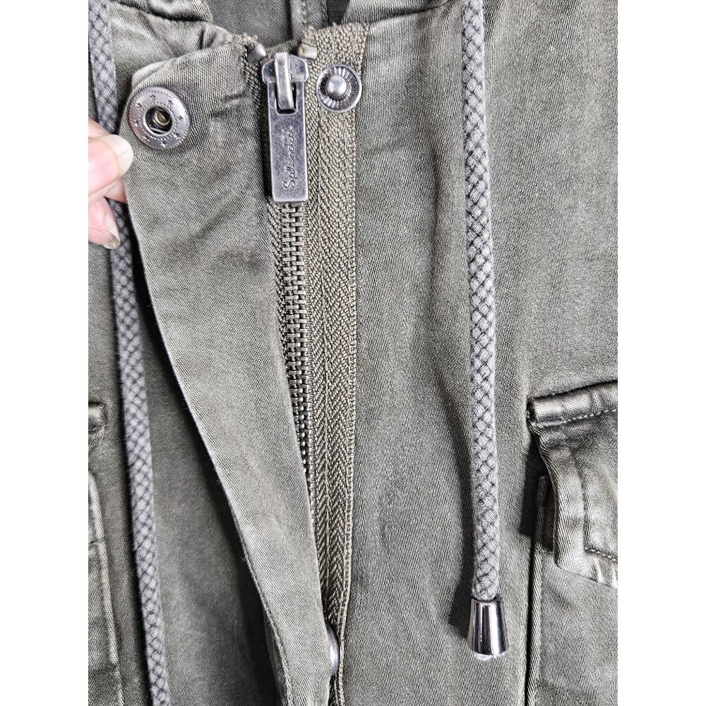 Splendid Sateen Anorak Grunge Green Hooded Zip Jacket Utility Pockets Women L - Picture 5 of 10